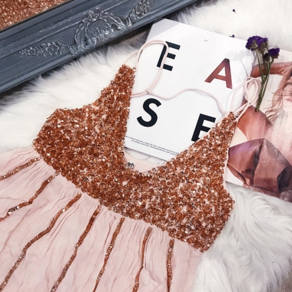 Free People Glitter Girl Sequin Rose Gold Embellished Mini Dress - Picture 16 of 16